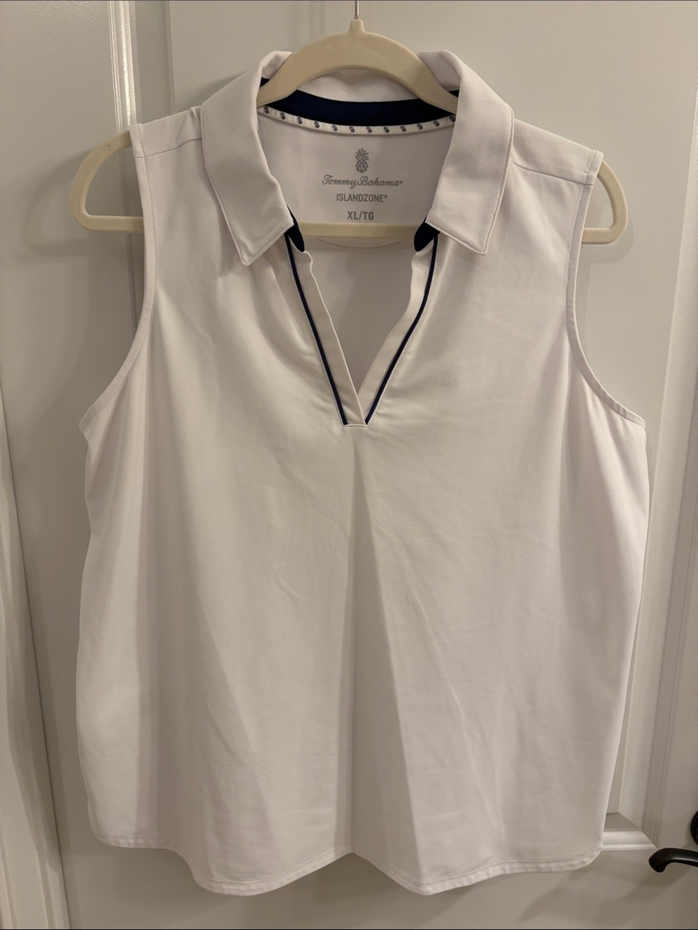 Tommy Bahama White Sleeveless Polo V-Neck Tank with Navy Trim